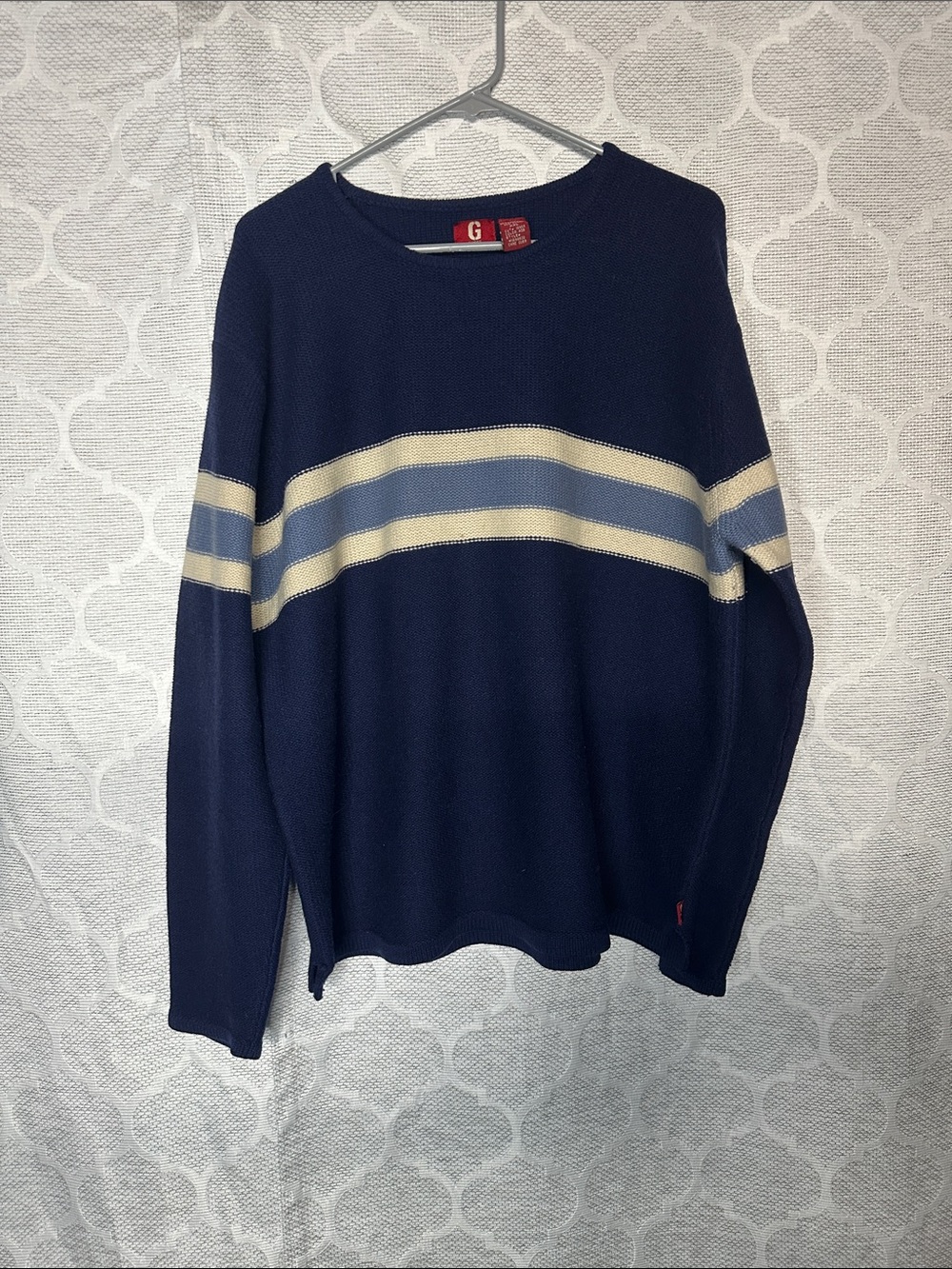 Guess Jeans Vintage Lambswool Knit Sweater Men's XXL Navy Blue Striped Pullover
